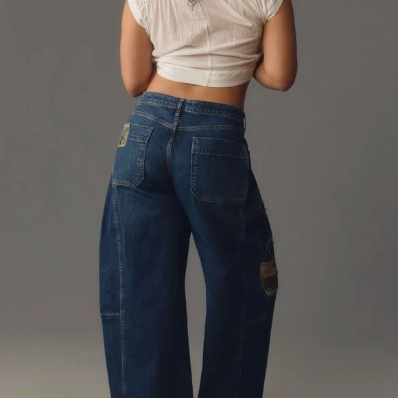 Pilcro Medium Denim Barrel Jeans with Camo patches - Picture 3 of 8